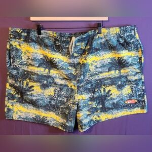 Vintage Mens Nike Blue and Yellow Tropical Print Swim Trunks. Size XXL